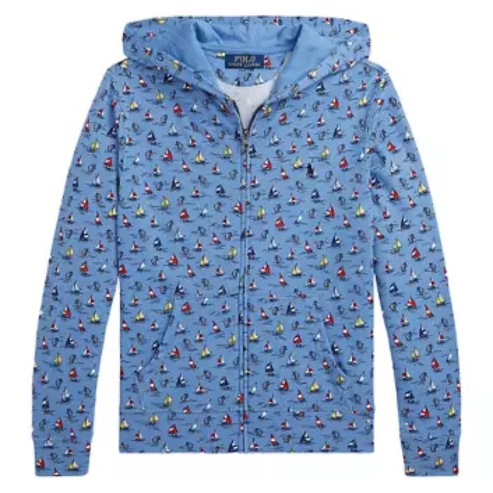 Ralph Lauren  Boys Sailboat Print Spa Terry Full Zip Hoodie NWT Size 10-12